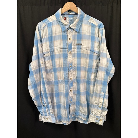 Simms Guide Series Long Sleeve Button Down Blue Plaid Fishing Shirt Mens L - Picture 1 of 9